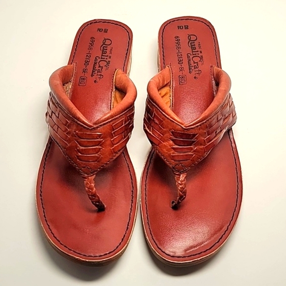 Vintage QualiCraft Brown Leather Wooden Flip Flop Thong Sandals Brazil 10 - Picture 2 of 13